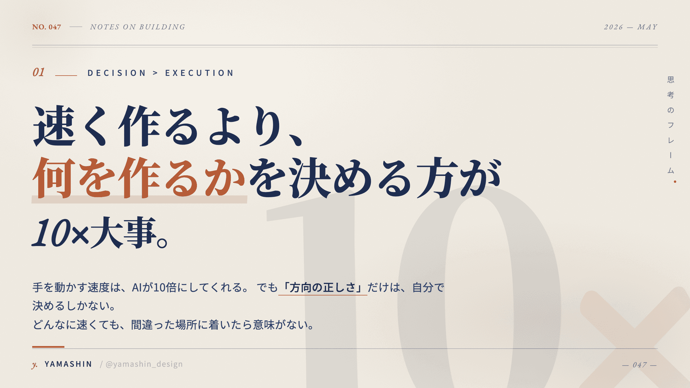 速く作るより、何を作るかを決める方が10倍大事 — X投稿ビジュアル